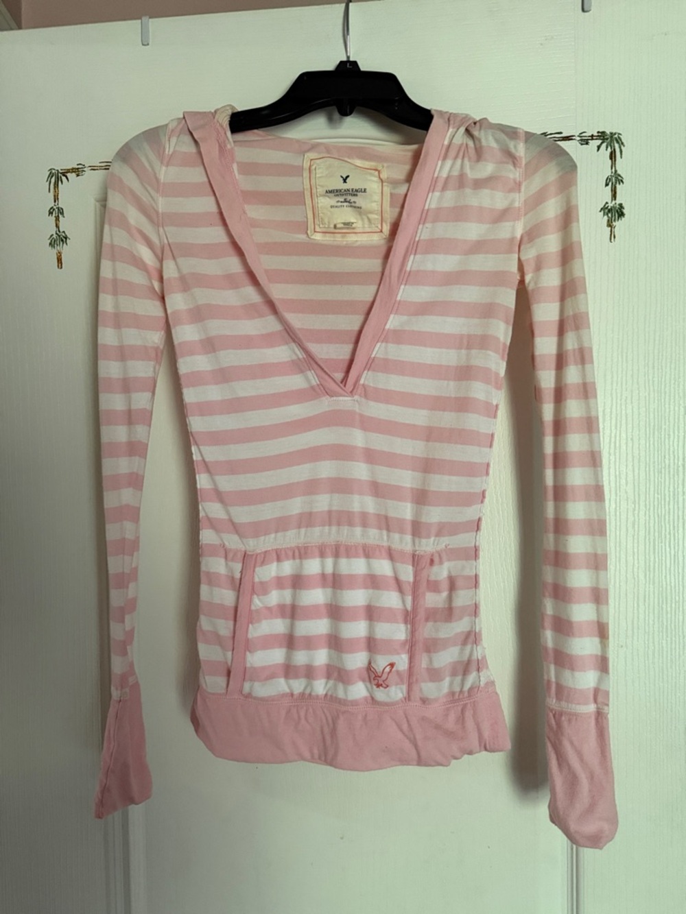 American Eagle Outfitters Pink & White Striped Hooded V-Neck Top